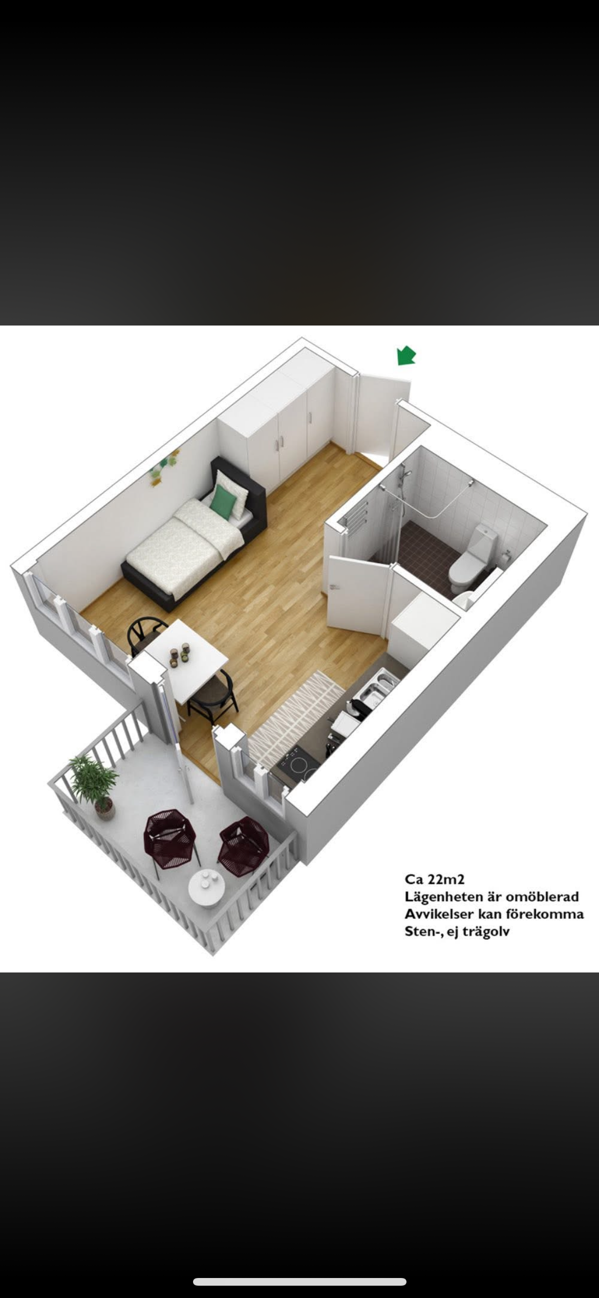 Lägenhet, 1 rooms, 22 sqm, Oxie