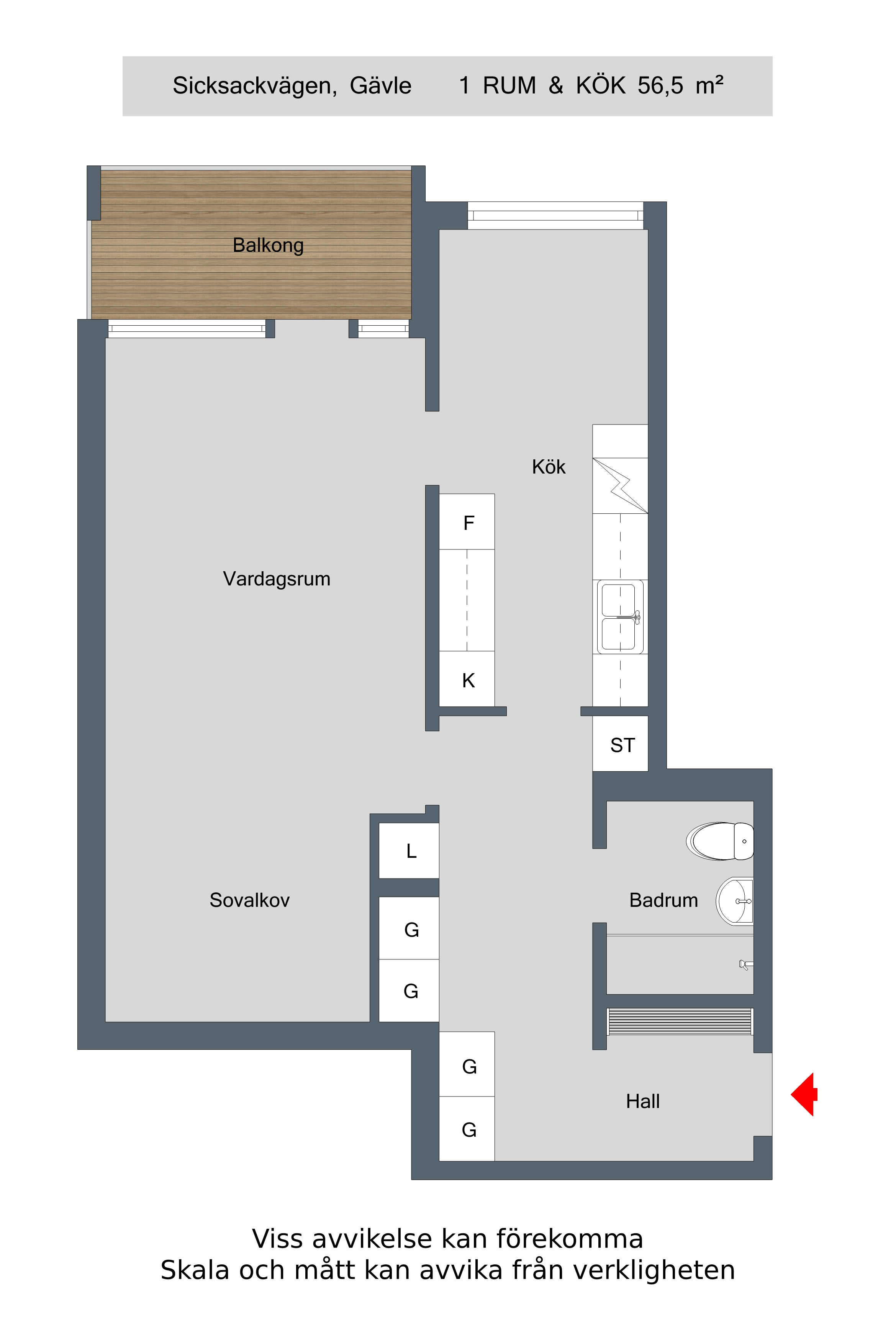 Lägenhet, 1 rooms, 57 sqm, Gävle
