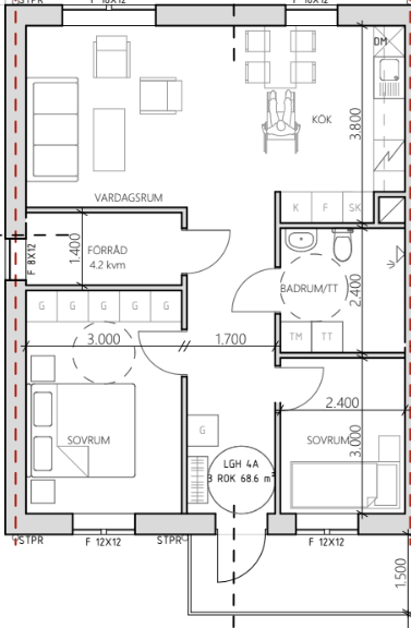 Lägenhet, 3 rooms, 69 sqm, Tvååker